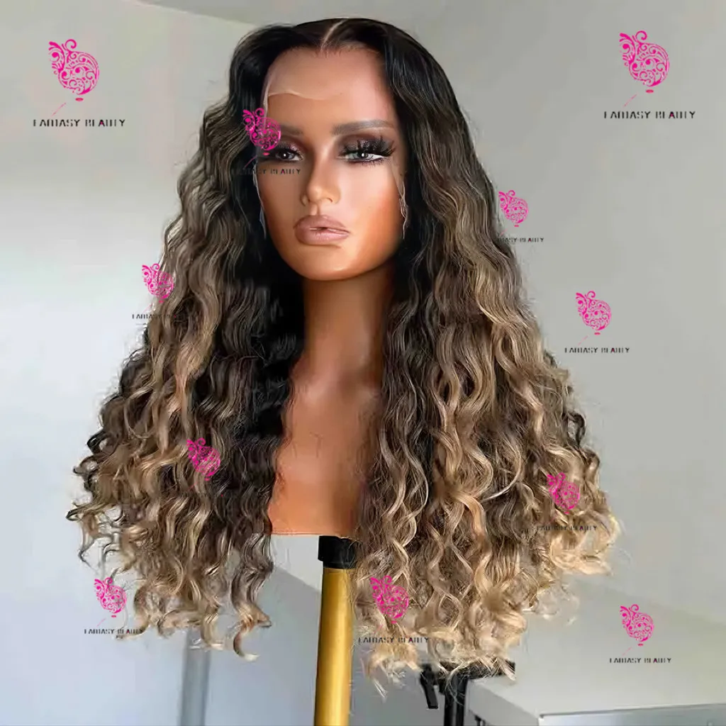 Ombre Brown Ladies water wave Wig Comfortable glueless women's wig 100% real hair is easy to wear full HD lace wig for beginners