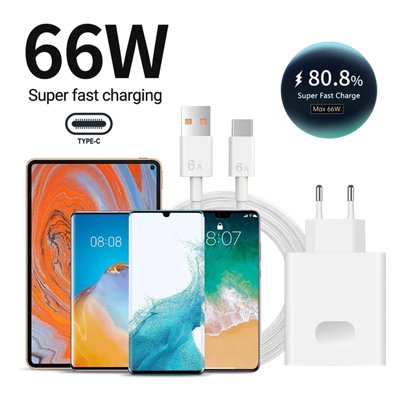 6A 66W Super Fast Charger for Huawei Mate 40 50 60 P50 P60 Nova 9 10 Honor 90 100 Magic 5 Lite 6 Pro Type C Quick Charging Cable