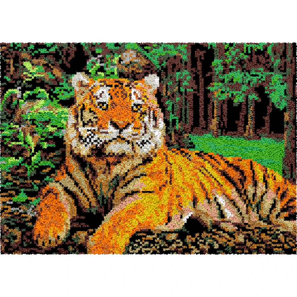 Carpet Embroidery with Print Pattern, Tiger Smyrna Latch Hook Kit, Tapestry Latch Hook Yarn, Rug Making Kits, Hobby Crafts