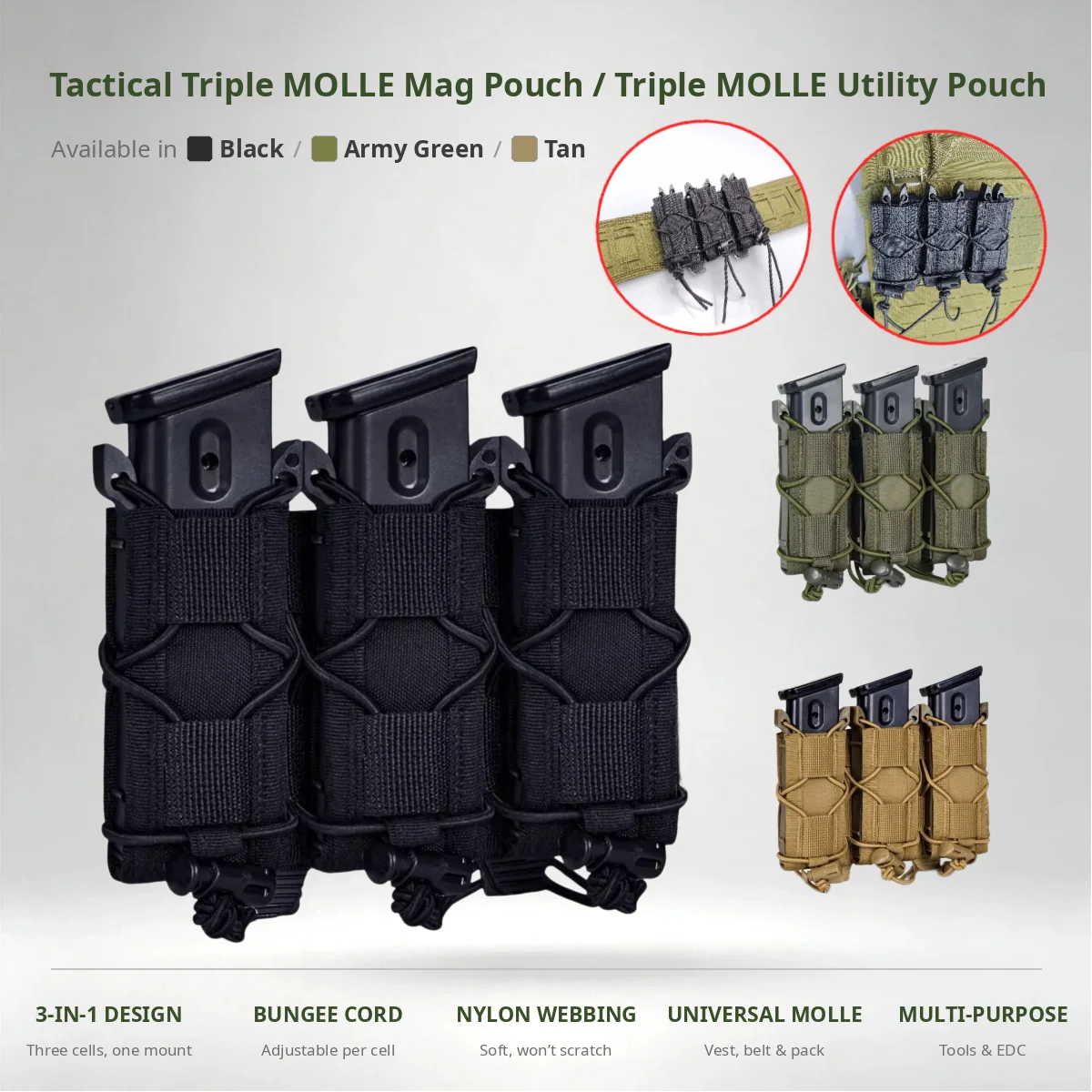 Tactical Triple MOLLE Pouch 9mm Pistol Mag Holster Nylon 3-Cell Belt Pouch Multi-Purpose Tool Holder for Airsoft Hunting