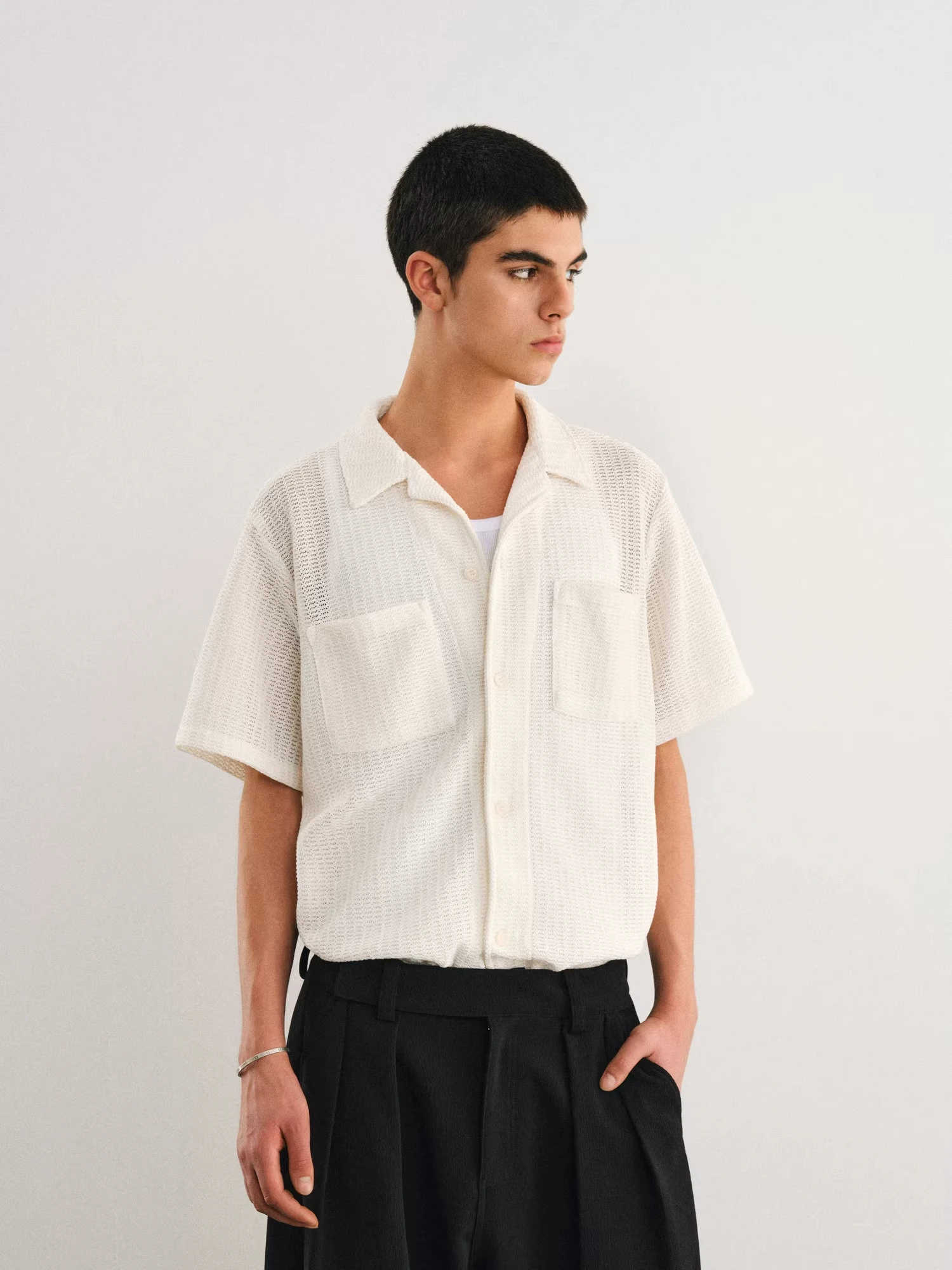 2025 New Men's Hollow Knitted Short Sleeve Casual Shirt Breathable Lightweight Summer Fashionable Loose Fit Polyester Blend