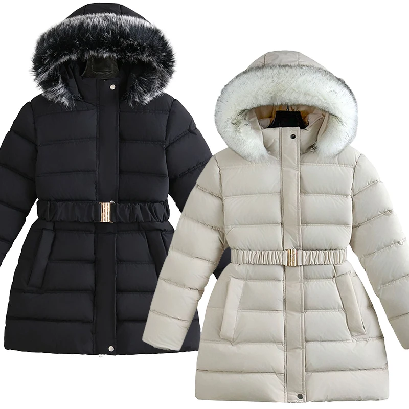 

Зимнее плюшевое теплое пальто средней длины для девочек, куртка с меховым воротником и поясом на талии, парка, детская хлопковая верхняя одежда для занятий спортом на открытом воздухе, От 5 до 12 лет