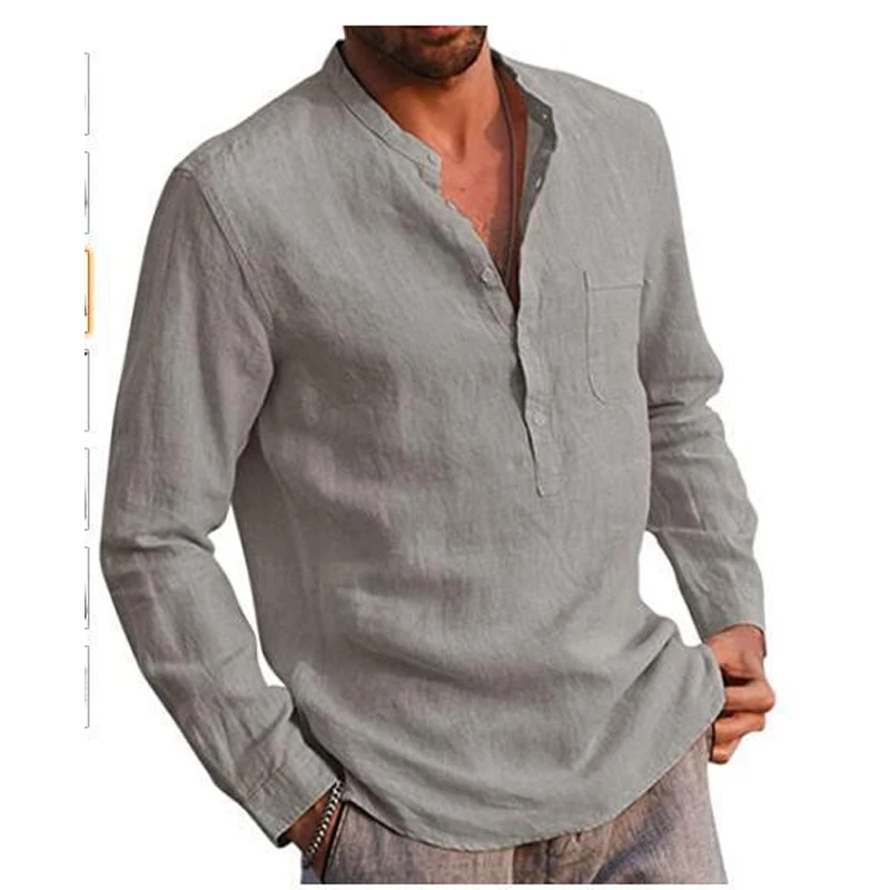 Spring Autumn New Solid Color Round Neck Button Long Sleeve Shirt Man Casual Loose Cotton Hemp All-match Comfortable Pullovers