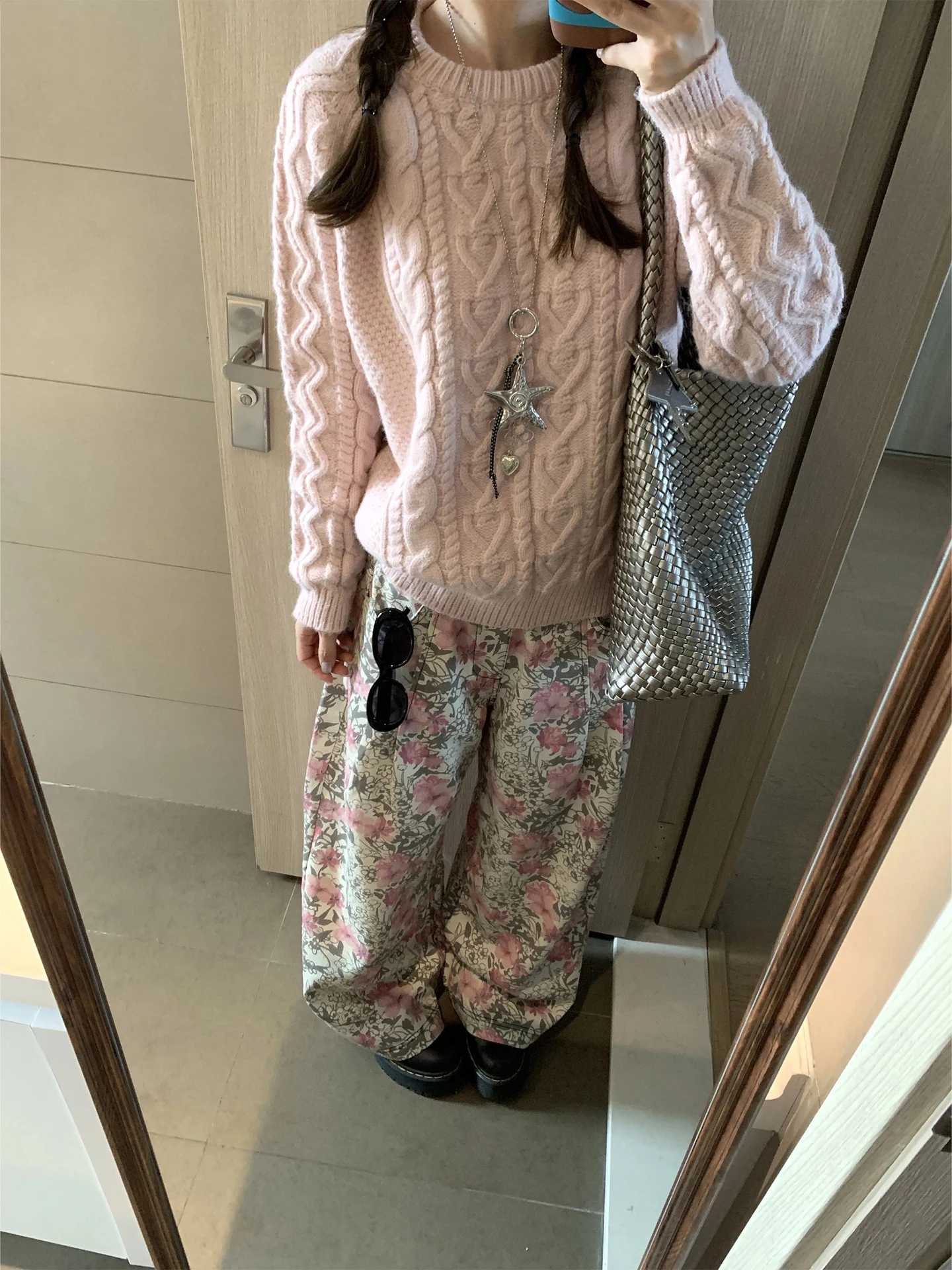 

Loose Fit round Ne Knitwear Women's Pink Plaid Patterned Sweater Winter New Sle Small Size Slimming Knitted Top