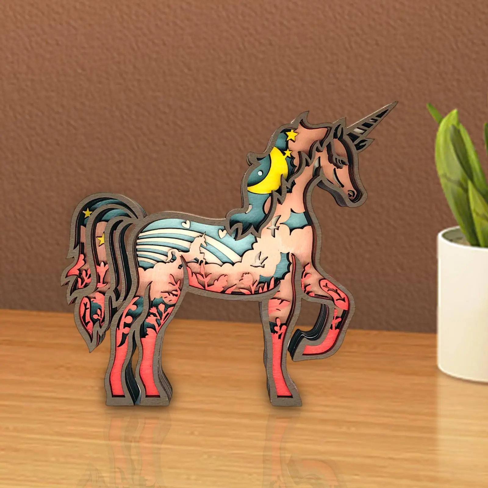 Wooden Unicorn Statue Remembrance Gift Figurine Creative Multilayer Wooden Carved for Desktop Shelf Festive Living Room Bookcase