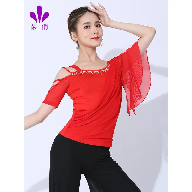 2024 Latin Dance Clothes Top Women's Summer New Short-sleeved Dance Clothes Professional Practice Clothes Modern Dance Top 2408