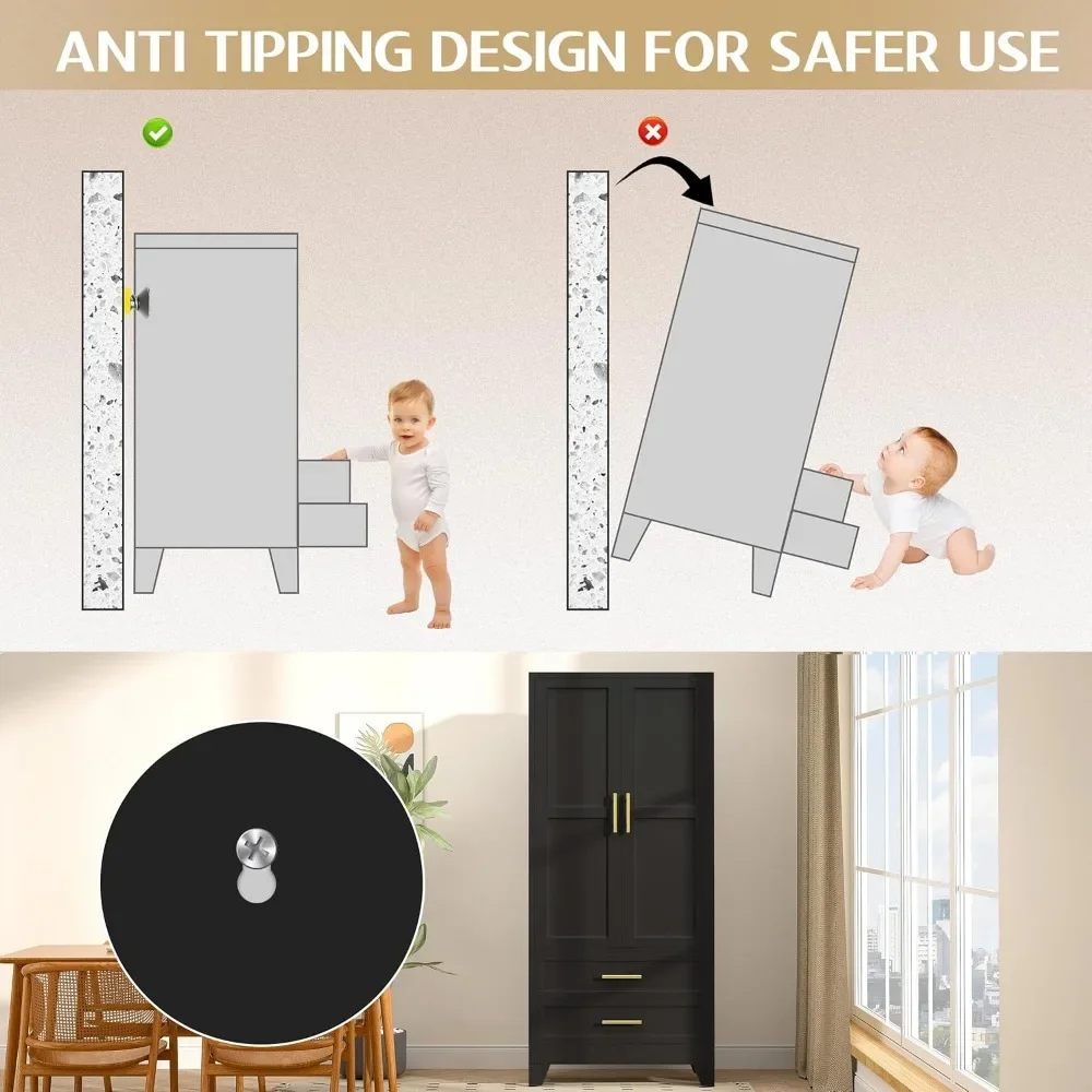 Metal Clothing Storage Cabinets with 2 Doors, 1 Adjustable Shelf and 2 Drawers, Metal Wardrobe Cabinet with Hanging Rod image 6