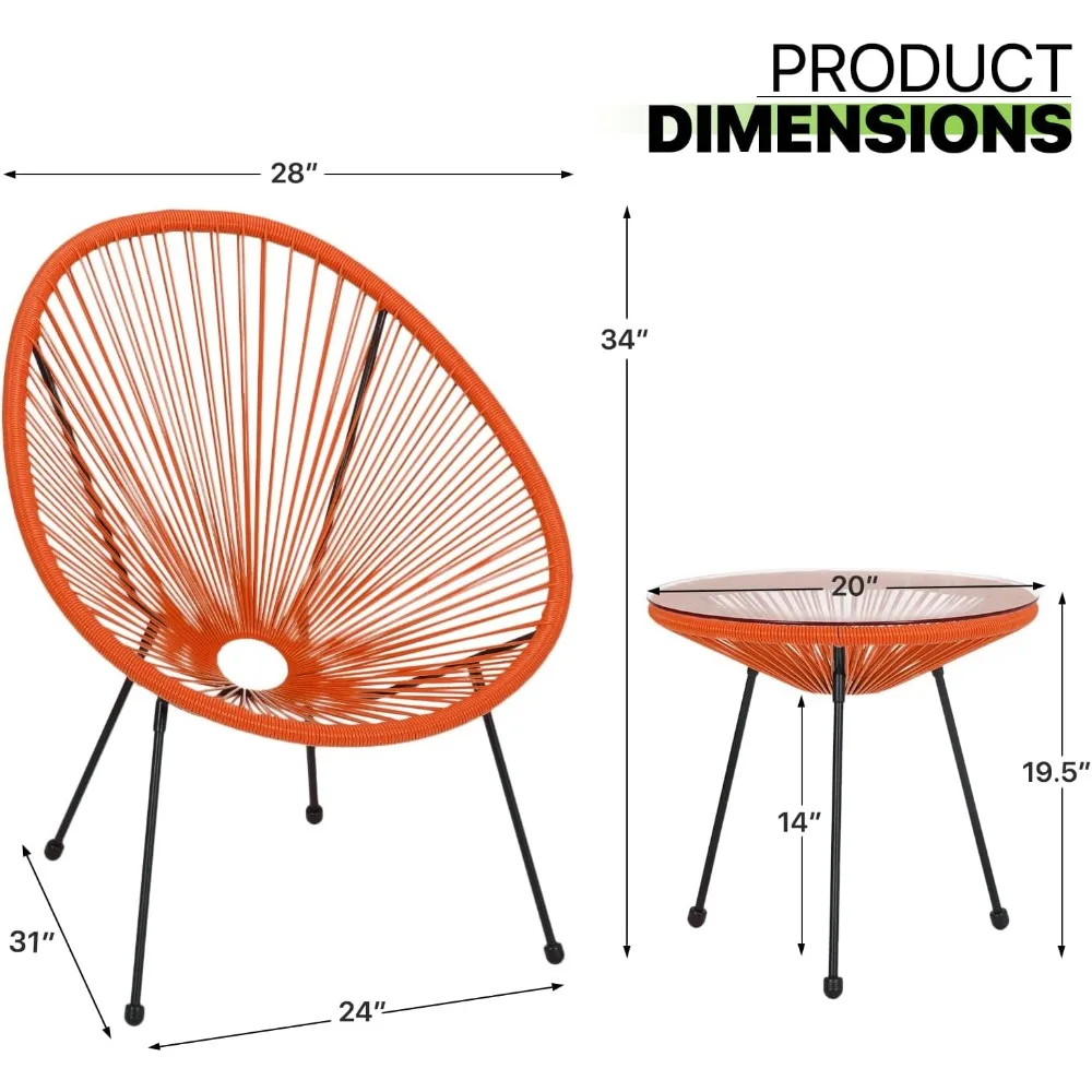 3-Piece Outdoor Patio Furniture, Acapulco Chairs Patio Cafe Set with Glass Top Table and Chairs, Weather-Resistant Outdoor