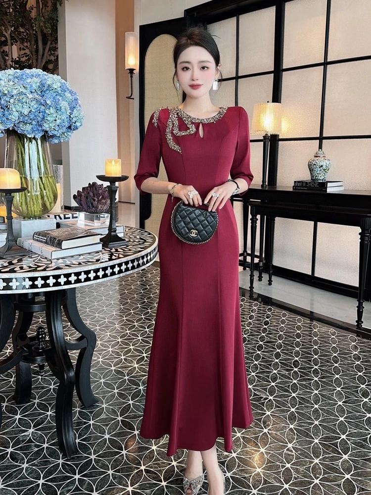 

Ele Red Wedding Dr Young Mother-of-the-Bride Slimming Fi-Tail Gown for Wedding Banquet And Special Ocns