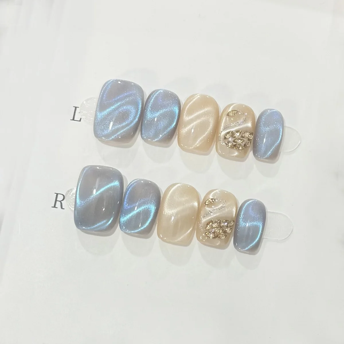 

10pcs Optical Wave Cat's Eye Handmade Nails Zircon Swan Soft Press on Nail Short Square Full Coverage Nail Tips for Women&Girl