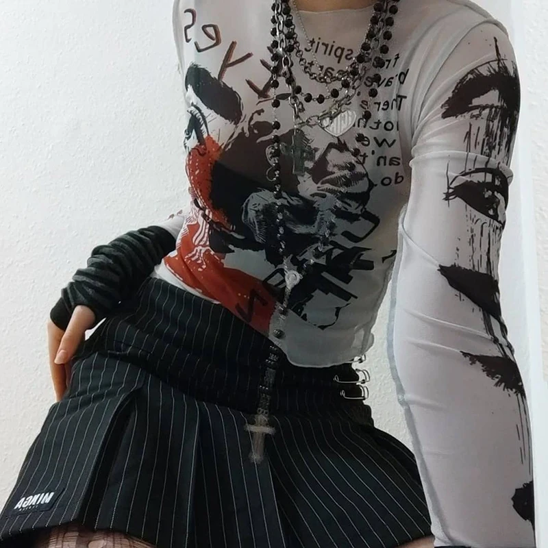 Fashion Woman Blouses New In Mesh Crop Tops Long Sleeve Printed T-shirts Gyaru Streetwear Grunge Downtown Girl Youthful Pulovers