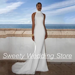Sexy Arabian Wedding Dress Customized Halter Sleeveless Pearl Open Back Sweep Train Chiffon Mermaid Bridal Gown for Bride