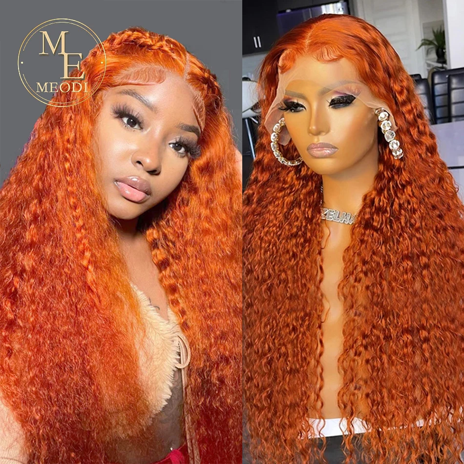 MEODI-Perruque Lace Front Wig naturelle bouclée-MEODI HAIR, cheveux humains, Deep Wave, 13x6, 13x4, couleur HD, vidéo orange