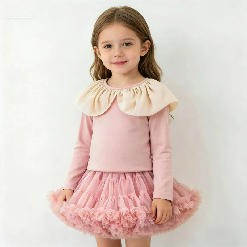 New Children Girls Ruffle collar Long-sleeved T-shirt + Tutu Skirt Summer Ruffled Fluffy Tulle Skirt 2Pcs Clothing Sets W-S1038