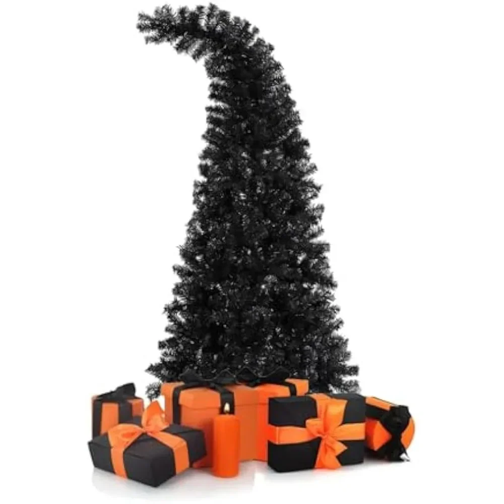 7FT Halloween Black Artificial Christmas Tree, Bent Top Artificial Christmas Tree with Metal Stand and 1050 Branch Tips