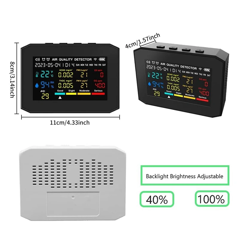 مراقبة جودة الهواء في الأماكن المغلقة، مع عرض تاريخ الوقت وساعة منبه، شاشة ABS CO2 باللون الأسود