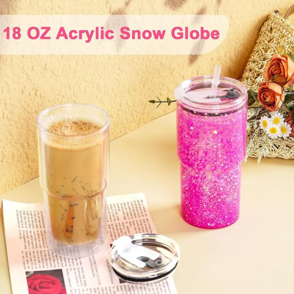 

18OZ DIY Snowglobe Tumbler with Pre Drilled Hole Reusable Plastic Water Bottles Break-Resistant Mason Jar Cups for Holiday Gifts