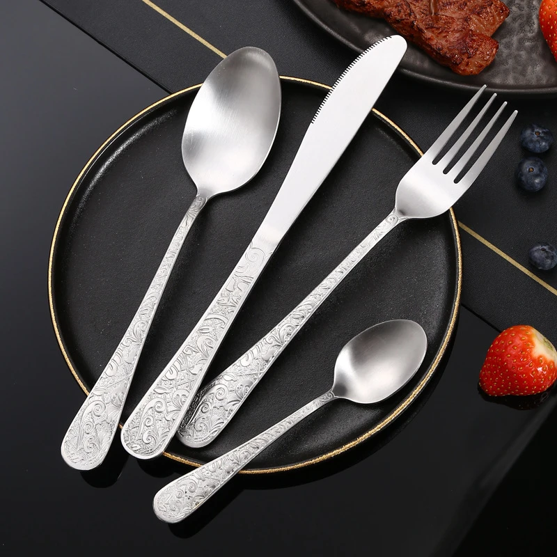 Stainless Steel Sanding Retro Tableware Flower Pattern Steak Knife Fork Dessert Spoon Teaspoon Western Cutlery Kitchen Utensils