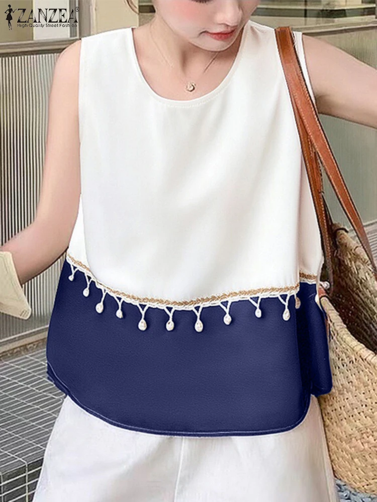 

Tassel Patchwork Blouse Women Short Sleeve Casual Loose Tunic Summer Tops Oversized O Neck Pullover Sleevless Blusas 2025 ZANZEA