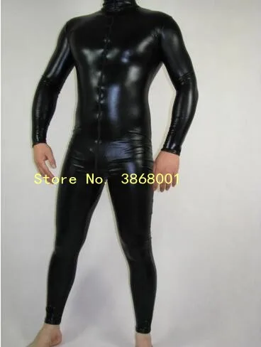 Halloween Cosplay black men's sexy Shiny Metallic jumpsuits Leotard Catsuit front 3-ways Zipper to Hip