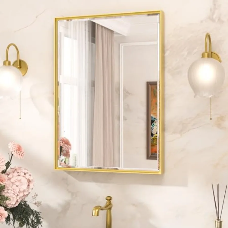 

22 x 30 Inch Gold Vanity Mirror Beveled Frame Bathroom Mirror, Tempered Glass, Shatterproof, for Modern Bedroom, Entryway, Livi