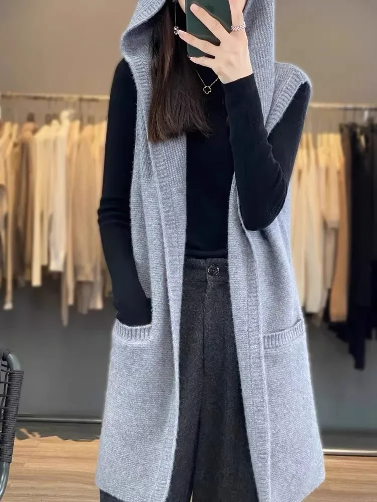 

Women's Mid-Length Sleeveless Knitted Cardigan Coat with Pocket Ladies' Fashion Autumn Winter New Hat Knitted Woolen Vest