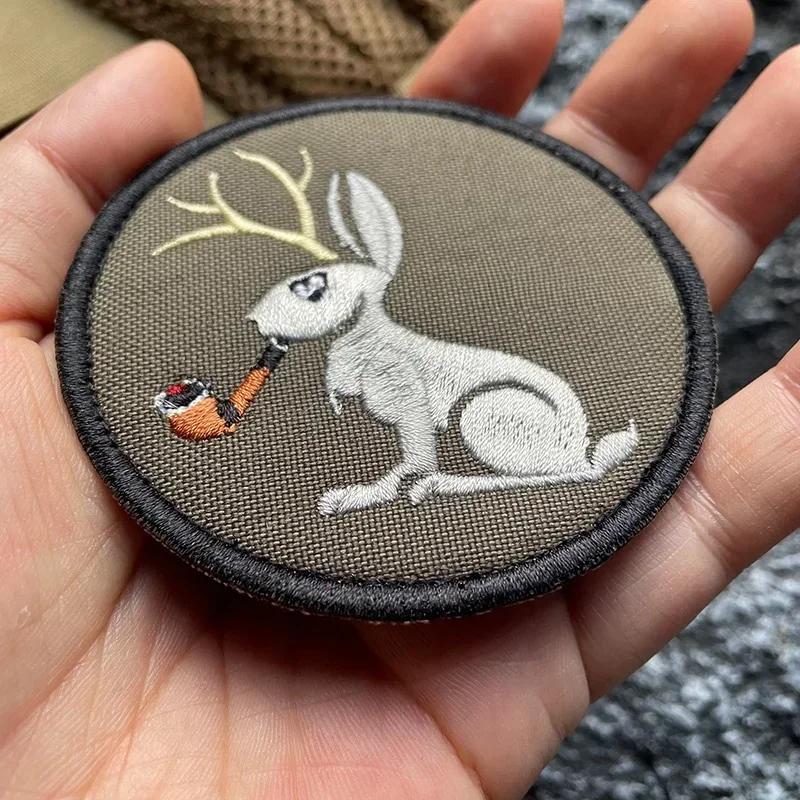 RG Antlers Rabbit Morale Badge Smoking A Pipe Creative Hook&Loop Embroidery Patch DIY Outdoor Backpack Decoration Patch