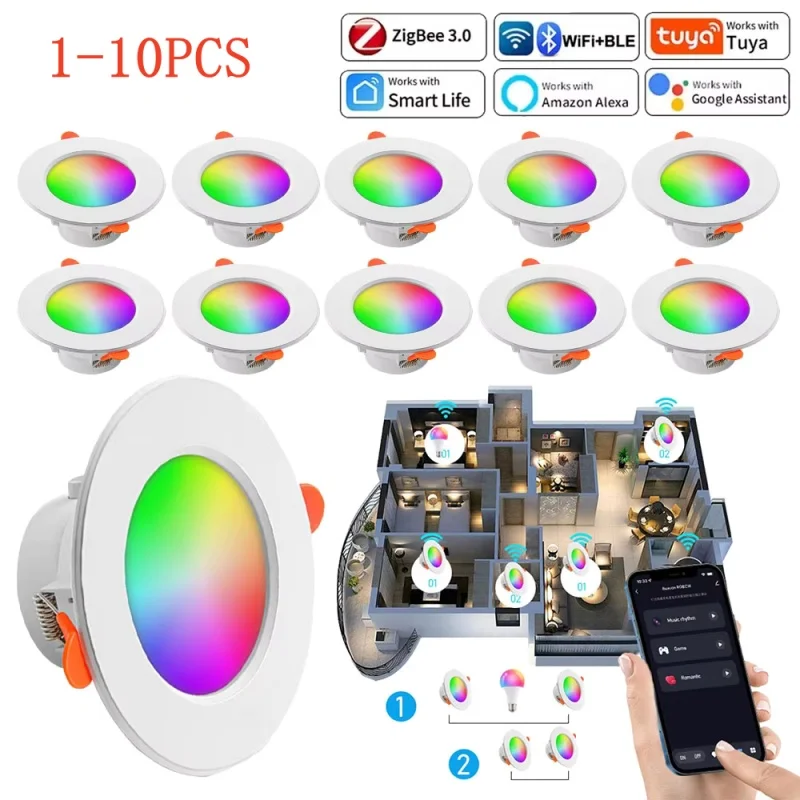 1-10pcs RGB LED Bulb Tuya Dimmable Downlight Spotlight Bluetooth-Compatible Lamp 10/15W APP Control GB+CW+WW Smart Lamp