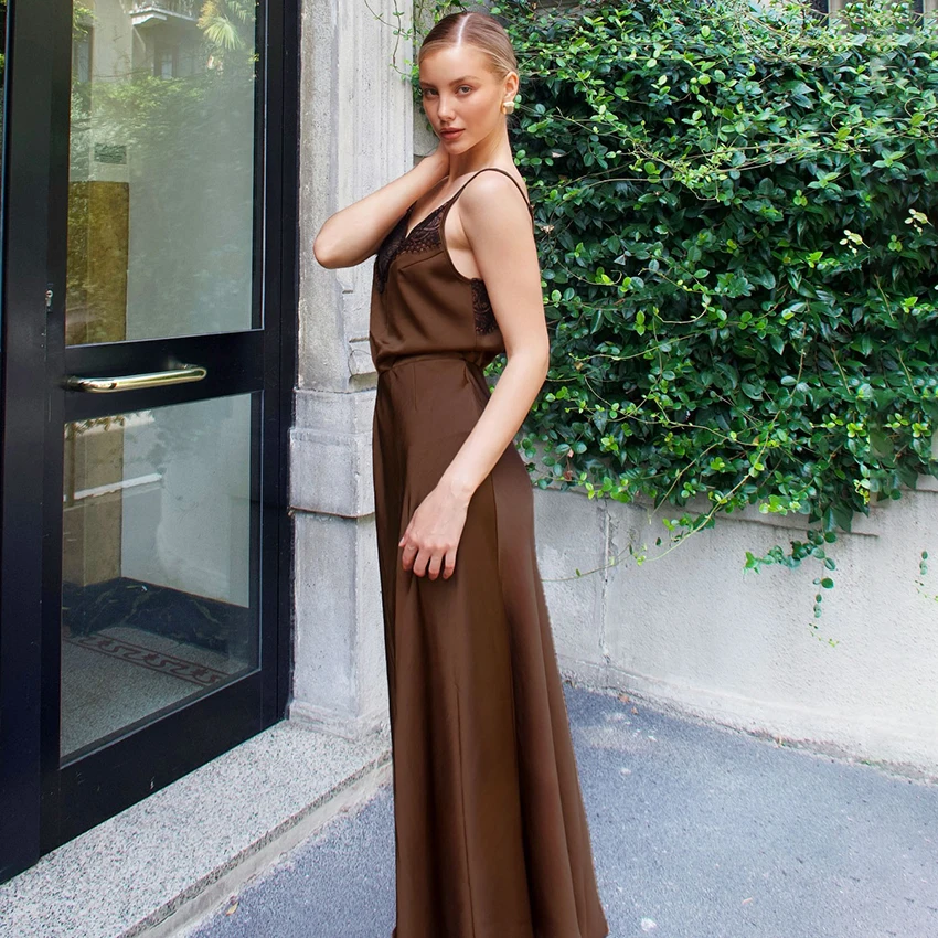 Linad Elegant Brown Satin Long Straight Dress Sexy Lace High Waist Dresses Female Street Chic Slim Spaghetti Strap Dress 2025