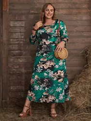 5XL Plus Size Winter Dress Woman Long Sleeve Floral Print Casual Dress High Waist Large Size Dubai Moroccan Kaftan Dress