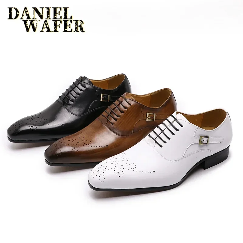 

Luxury Mens Leather Brogue Shoes Stylish Pointed Toe Lace-Up Formal Office Wedding Social Comfortable Men's Brand Footwear