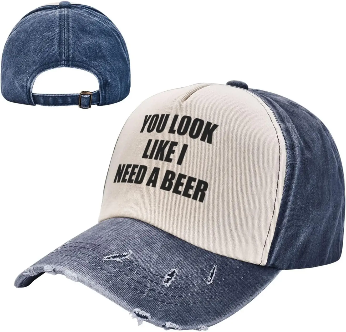 Dark Red Denim Washed Baseball Cap - Fun - You Look Like I Need A Beer | Retro Adjustable Dad Hat for Men/Women