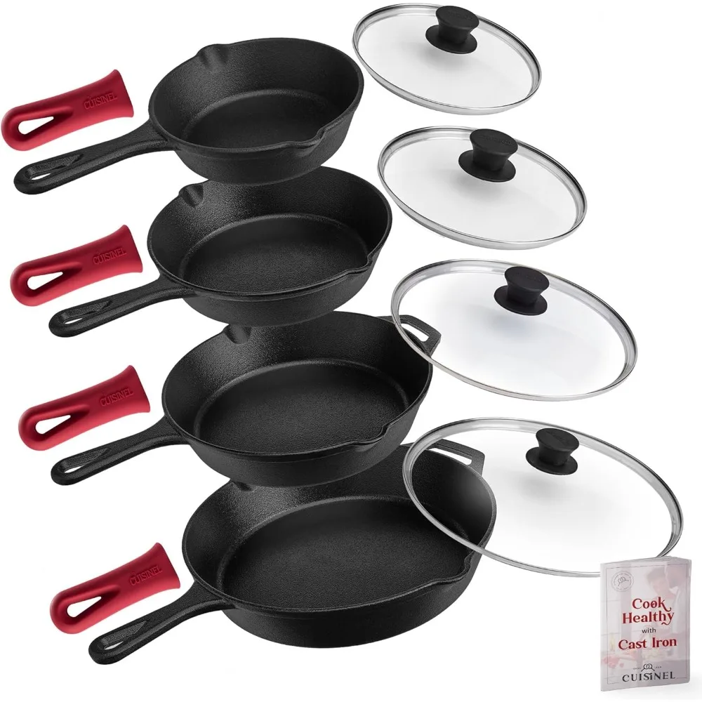 

Cast Iron Skillets Set - 6"+8"+10+12"-Inch + Glass Lids + Silicone Handle Holder Cover Grips - Pre-Seasoned Frying Pan - Oven C