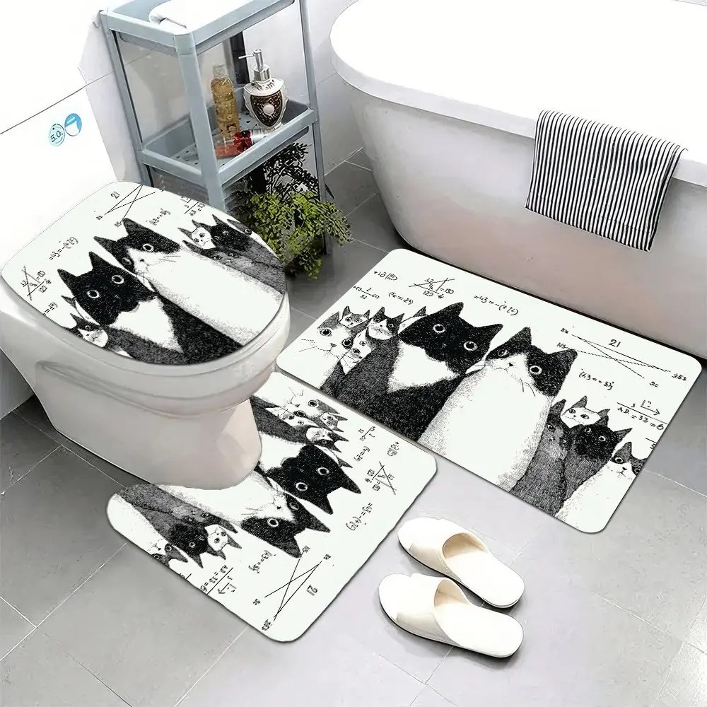 

3pcs Super Soft Bathroom Floor Mats Set, Non-slip Backing, A Simple Drawing Of Black And White Cats In The Style Of Katsuhi