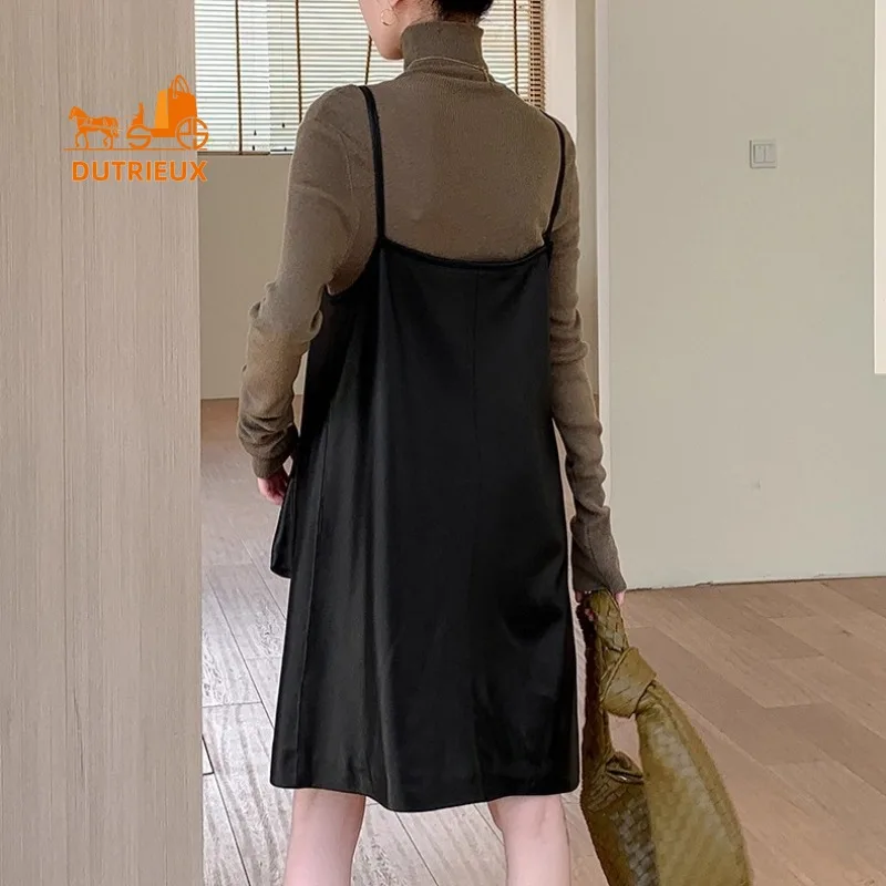 Herbstlicher Damen-Hosenträgerrock aus Leder, 100 % echtes Leder, Schaffell, modisches und elegantes Kleid für Damen