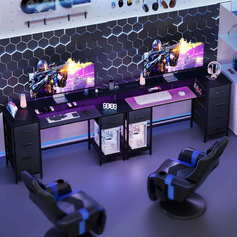 Bureau de jeu 55 pouces avec prises de courant, lumières LED, bureau de bureau réversible avec tiroirs en tissu réglables pour le travail