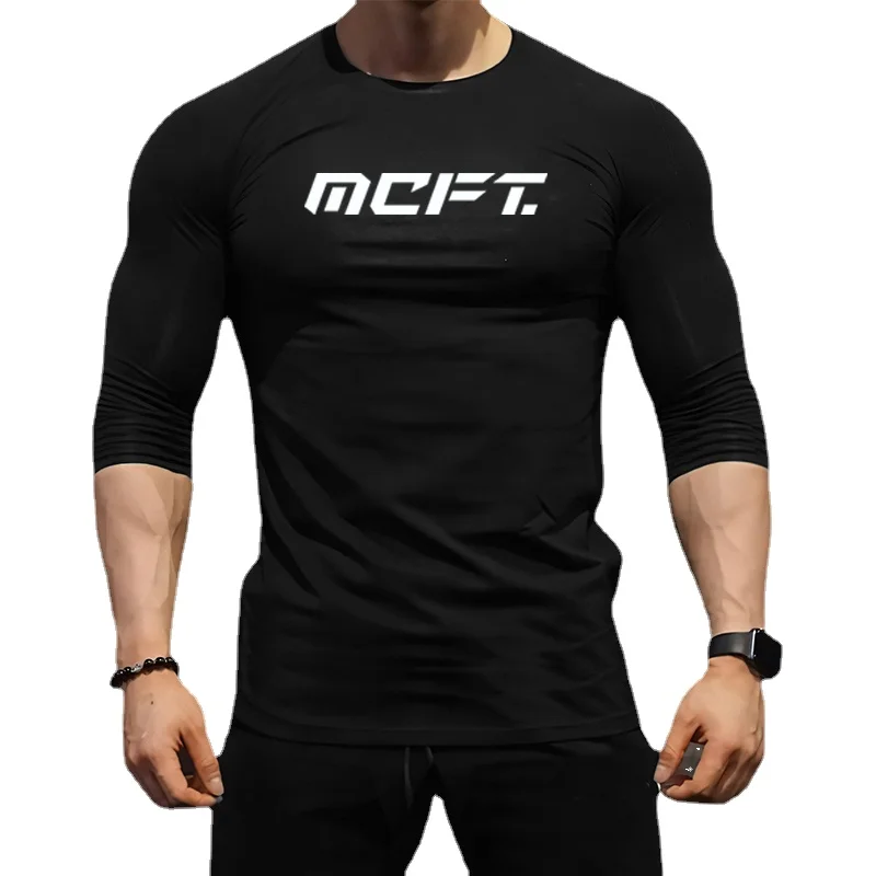 New arrival Spring & Autumn Mens Bodybuilding Fitness O-neck printed slim fit workout Long Sleeve Shirt