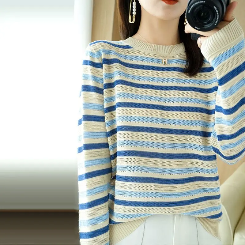 Simplicity Autumn Sweaters New Women\'s O-Neck Striped Hollow Out Contrast Color Fashion Loose Long Sleeve Pullovers Knitted Tops