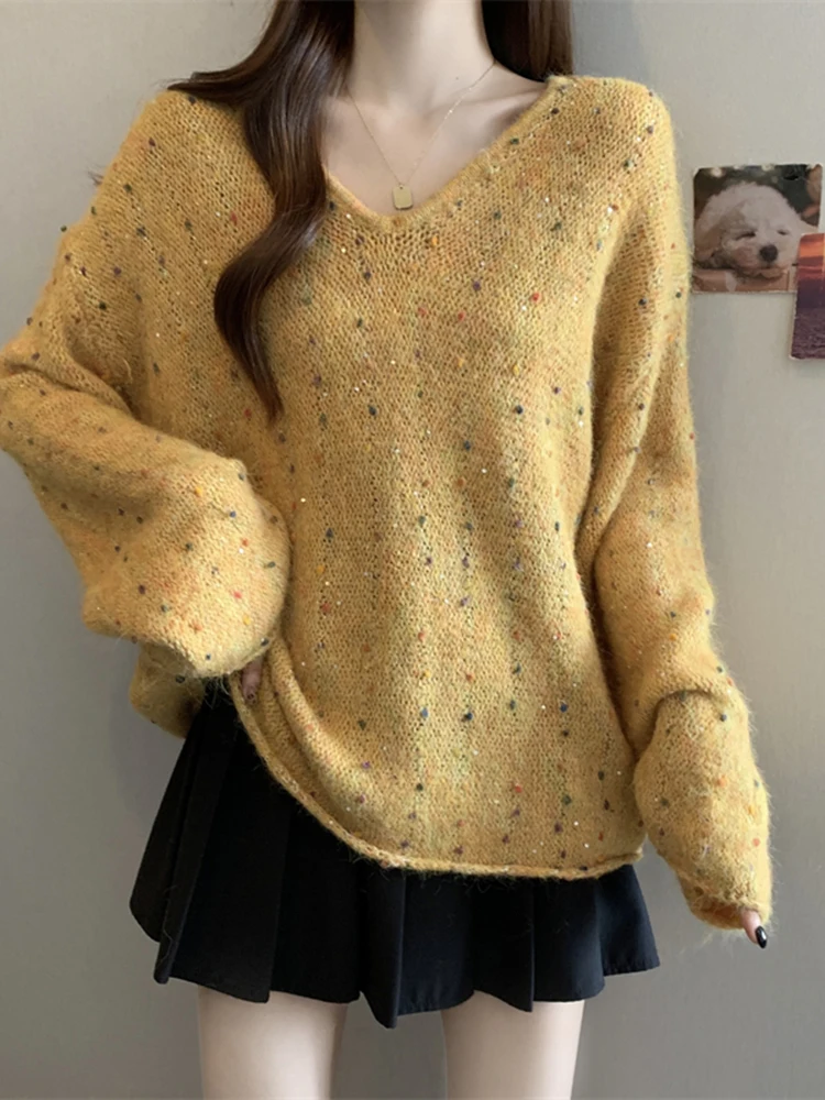 

Ladies Loose V-Ne Knitted Sweater Dot Pattern Autumn Winter New Sle Comfortable Lazy Faion Casual Knitwear
