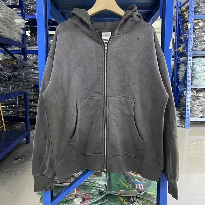 

Grey Washed SAINT Mxxxxxx Vintage Hoodies Men Women High Quality Destroy Hole Oversized Zip Jacket