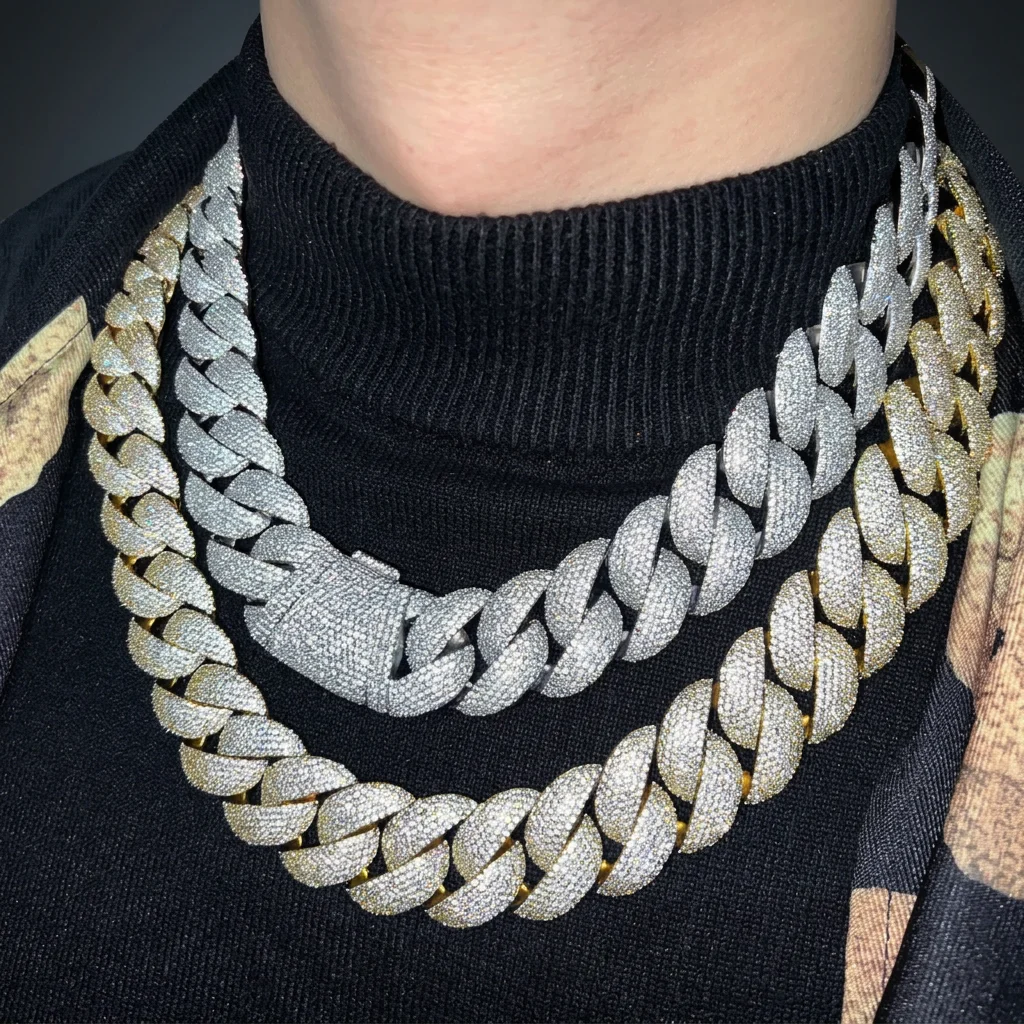 Iced 6-Rows Diamond Prong 24MM Sterling Silver 925VubanC Cuban Link Chain Silver Gold Bling Heavy Necklace Moissanite Hip Hop，