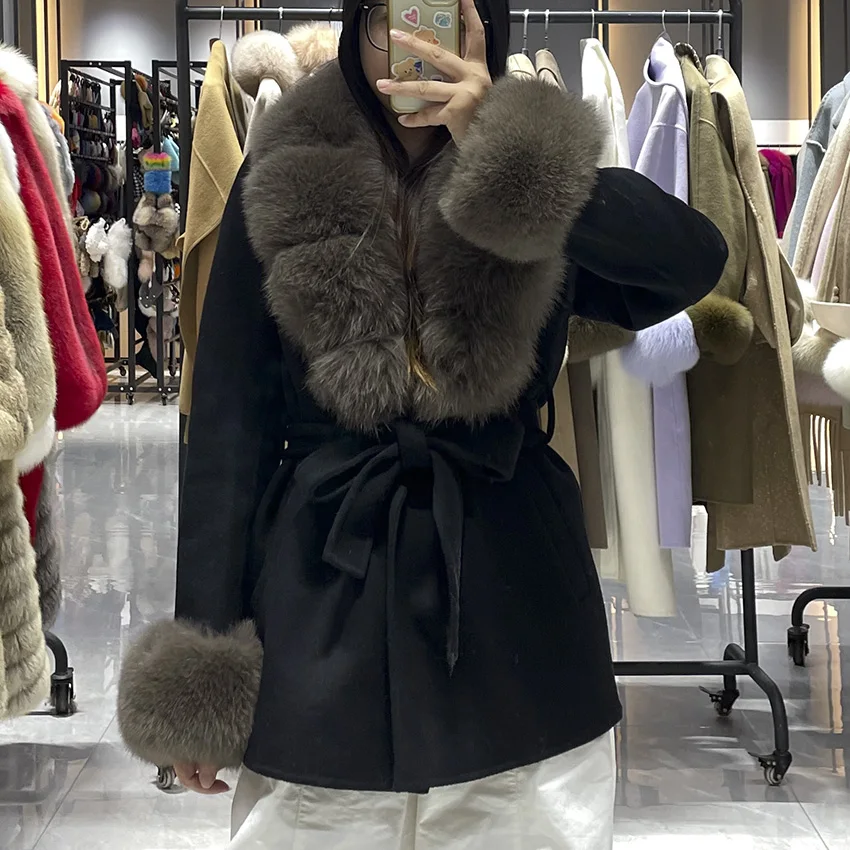 JANEFUR 2026 Wool Coat with Real Fox Fur Collar Cuff Women Fashion Belted Cashmere Coats Warm Winter Trench Peacoat JFB4-26032