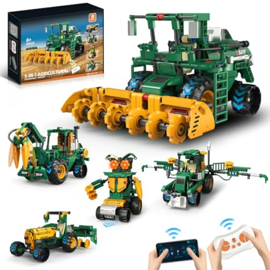 

Наборы для сборки роботов STEM 5 в 1 для детей 6-14 лет с дистанционным управлением через приложение: робот-комбайн/роторная косилка/автомобиль для доставки воды