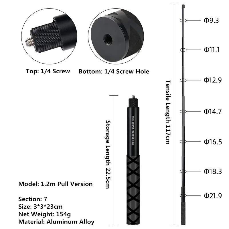 Unsichtbarer Selfie-Stick für GoPro 13 12 11 10 9 8 Insta360 X5 X4 X3 X2 1/4 Zoll verlängerter Einbeinstativstange für Sportkamera-Zubehör