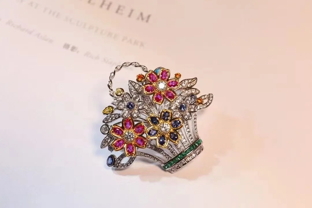 cute romantic flower basket brooch gaily decorated basket 925 sterling silver with cubic zircon queen elizabeth jewellery