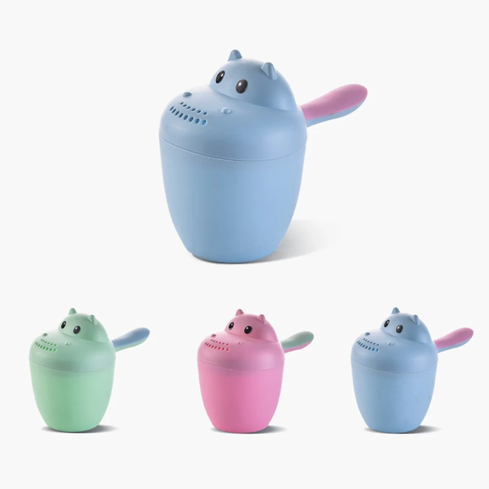 Kids Baby Shampoo Cup Cartoon Hippo Shape Baby Bath Shower Caps Cup Spoons Bath Toys for Children Birthday Gift (Blue)