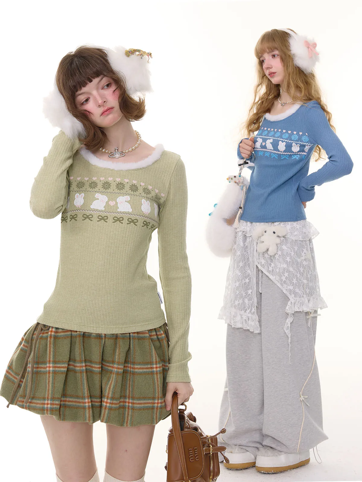 

ZiziFei American Sle Slim Fit Long Sve Knitted T-irt Rabbit Print Women's Base irt round Ne Pullover for Autumn Wi...