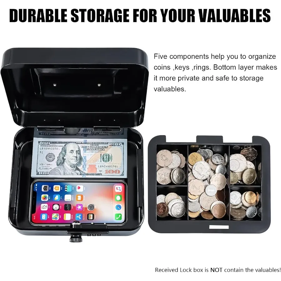 Cassa sicura in metallo con serratura a combinazione e vassoio porta soldi rimovibile per l'home office o l'uso al dettaglio Dimensioni compatte 7,87x6,30