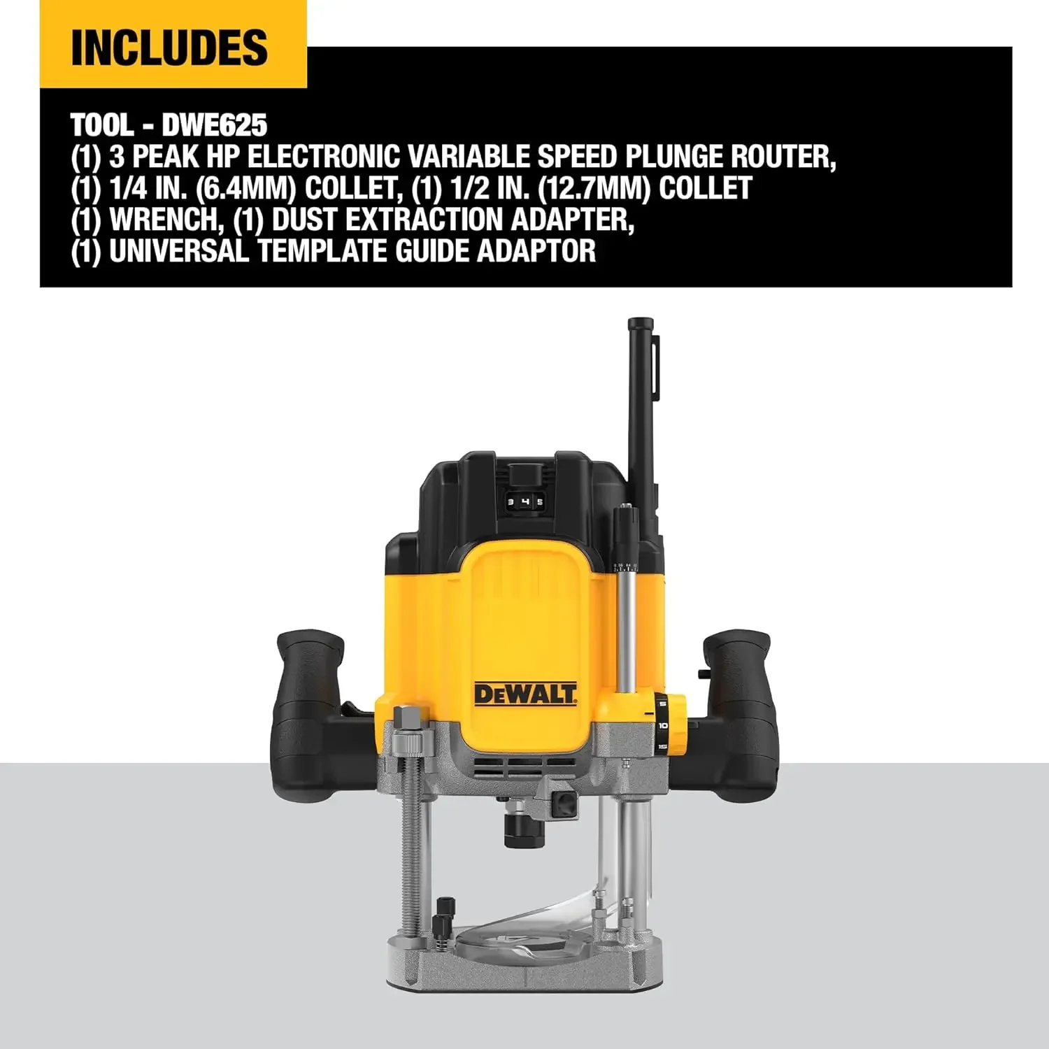 Roteador de mergulho DEWALT 15 AMP, inclui botão de bloqueio do eixo, pinças de 1/4 e 1/2, luz LED embutida, com fio (DWE625)