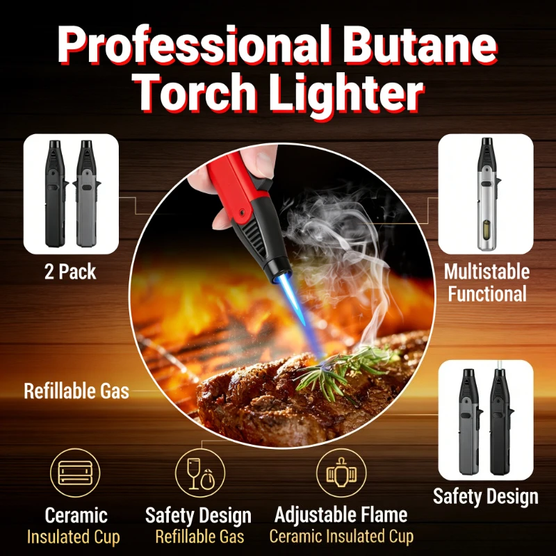 Premium 1300℃ Turbo Jet Torch Lighter - 360° Inverted Refillable Butane, Windproof Ignition Gun for Cooking & BBQ Enthusiasts